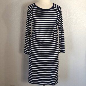 Lauren Ralph Lauren Size L Dress Midi Navy & White Stripe Gold Button Accent